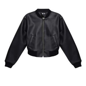 NWT Emily Hou Genuine Leather Bomber Jacket Womens Large Black Grunge Edgy